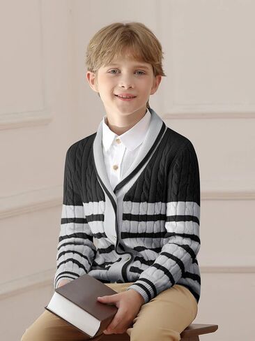 Haloumoning Boys Cardigan Striped Cable Knit Sweater Kids Casual Long Sleeve Shawl Collar Fall Clothes 4-14Y in Kuwait