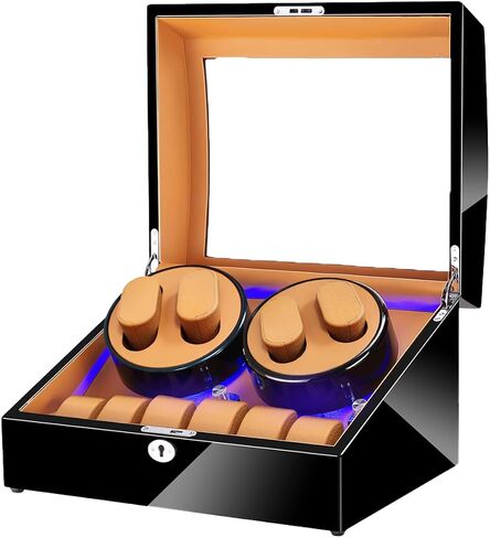 4+6 Slots Automatic Watch Winder, Piano Finish Paint Watch Storage Case with Silent Motor, Open Lid Stop Tech, LED light, 4 Rotation Modes for Women and Man, 2*D Battery or USB Powred in Saudi Arabia