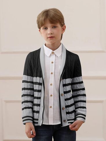 Haloumoning Boys Cardigan Striped Cable Knit Sweater Kids Casual Long Sleeve Shawl Collar Fall Clothes 4-14Y in Kuwait
