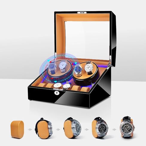 4+6 Slots Automatic Watch Winder, Piano Finish Paint Watch Storage Case with Silent Motor, Open Lid Stop Tech, LED light, 4 Rotation Modes for Women and Man, 2*D Battery or USB Powred in Saudi Arabia