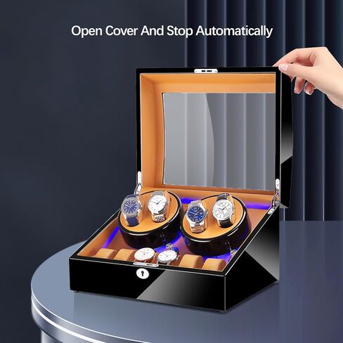 4+6 Slots Automatic Watch Winder, Piano Finish Paint Watch Storage Case with Silent Motor, Open Lid Stop Tech, LED light, 4 Rotation Modes for Women and Man, 2*D Battery or USB Powred in Saudi Arabia