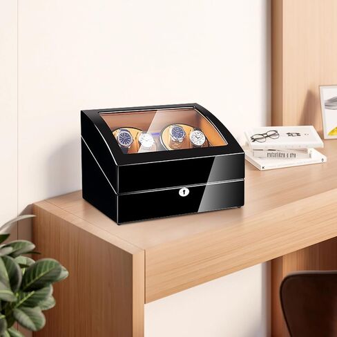 4+6 Slots Automatic Watch Winder, Piano Finish Paint Watch Storage Case with Silent Motor, Open Lid Stop Tech, LED light, 4 Rotation Modes for Women and Man, 2*D Battery or USB Powred in Saudi Arabia
