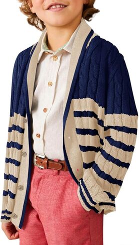 Haloumoning Boys Cardigan Striped Cable Knit Sweater Kids Casual Long Sleeve Shawl Collar Fall Clothes 4-14Y in Kuwait