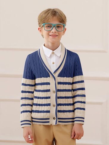 Haloumoning Boys Cardigan Striped Cable Knit Sweater Kids Casual Long Sleeve Shawl Collar Fall Clothes 4-14Y in Kuwait