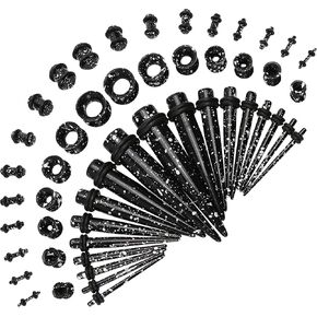 50pcs Ear Stretching Kit Gauges for Beginners: Gauging Lobe Starter Tapers, Heart Tunnel Earrings, Lightweight Acrylic Plugs, 14G-12mm Piercing Expanders for Women and Men (Black & White Splatter)