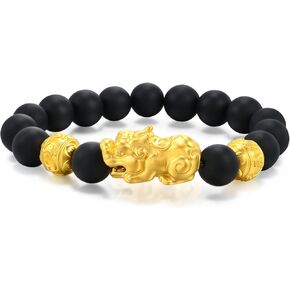 CHOW SANG SANG Cultural Blessings 999 24K Solid Gold Pixiu with 15 Black Chalcedony Beads Beaded Blessing Bracelet for Men 91338B | Size 6 (Wrist Size:14-15 CM)