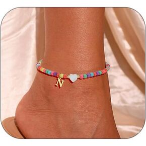 Gold Initial Ankle Bracelets for Women - Trendy Beaded Ankle Bracelets for Women Teen Girl, Heart Handmade Adjustable Foot Chain Anklet Summer Vacation Colorful Jewelry Gift