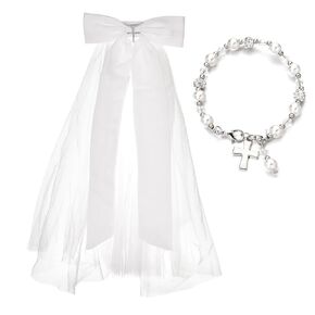 Girls 2Pcs First Holy Communion Veil White Bow Hair Comb Crystal Cross Wedding Headpiece Bracelet Set(Lace Cross)