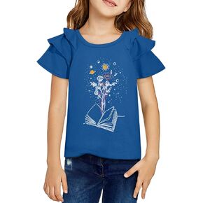 Girls Shirts Back to School Outfits Summer Ruffle Sleeve Book Floral Print Crewneck Blouse Tops 6-15 Years