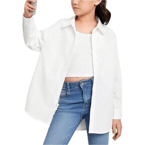 Floerns Girl's Solid Button Down Long Sleeve Blouse Drop Shoulder Shirts Top