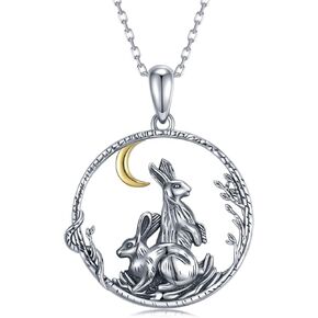 SVODEA Double Rabbit Necklace for Women,925 Sterling Silver Hares Moon Pendant Necklaces,Vintage Bunny Animal Jewelry Gift for Girls Mom Daughter Wife,18''-20''