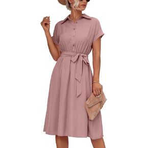 LYANER Women's Collar V Neck Button Front Tie Waist Short Sleeve Ruffle Hem Midi Dress