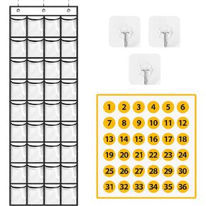 MISSLO Narrow Cell Phone Holder Classroom 36 Clear Pockets Calculator Holder for Door Pocket Chart for Classroom Wall with 36 Number Sticker White…