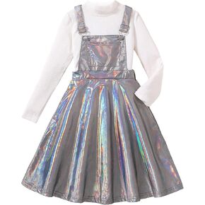 WDIRARA Girl's Metallic High Waist Overall Dress Holographic Suspender Party Flared Dresses