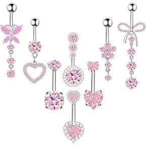 8Pcs Gold Pink Silver Belly Button Ring Dangle Navel Belly Piercing Jewelry Cute CZ Butterfly Heart Flower Bow Navel Belly Rings for Women 14G Hypoallergenic Surgical Stainless Steel Dainty Dangling Dangly Belly Button Piercing Pack