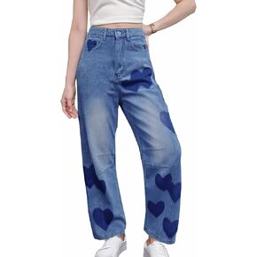 Baggy Jeans for Women Teen Girls High Waist Straight Ankle Leg Heart Print Y2K Boyfriend Jeans Trendy Loose 90s Mom Jeans
