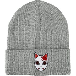 Demon Slayer Character Embroidered Plain Black Cuffed Knitted Winter Beanie Hat