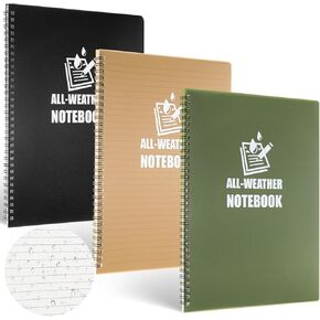 3 Pcs Waterproof Side Spiral Notebook 8.5" x 11"all Weather Ruled Note Books Waterproof Notepad Sketchbook for Outdoor Activity Recording, Green Cover, Brown Cover Black Cover