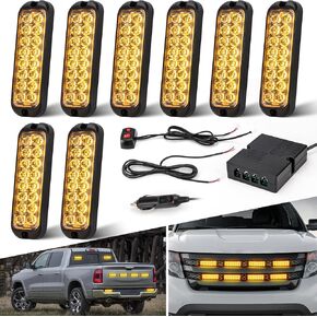 Amber White LED Strobe Lights Kit - 8PCS 16-LED Emergency Flashing Hazard Warning Light 12V Sync Feature Ultra Slim Surface Mount Main Control for Construction Trucks Vehicles Car ATV Waterproof