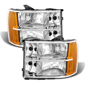 Headlights Assembly for 2007 2008 2009 2010 2011 2012 2013 GMC Sierra 1500/07-14 gmc Sierra 2500HD 3500HD Headlamps Pair Clear Lens Black Housing Amber Reflector