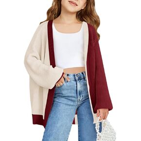 Haloumoning Girls Oversized Batwing Sleeve Cardigan Sweaters Kids Fashion Open Front Color Block Outerwear