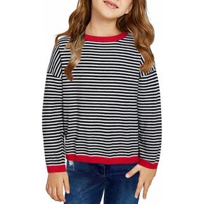 Girls Sweaters Casual Long Sleeve Crewneck Striped Color Block Knit Pullover Tops 6-15 Years