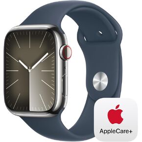 Apple Watch Series 9 [GPS + Cellular 45mm] Smartwatch with Silver Stainless Steel Case with Storm Blue Sport Band S/M with AppleCare+ (2 Years)