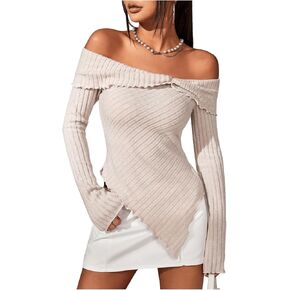 GORGLITTER Women's Off Shoulder Long Sleeve Tops Sheer Asymmetrical Hem Rib Knit Elegant Tee Blouse