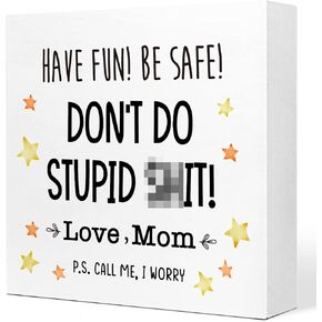 Mom to Have Fun Be Safe Don't Do Stupid Shit Wooden Box Sign Desk Decor,Funny Reminder Gifts for Teen Daughter Son