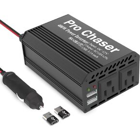 محول طاقة السيارة Pro Chaser 400 واط، 12 فولت تيار مستمر إلى 110 فولت تيار متردد، محول سيارة شاحنة RV 6.2 أمبير، منافذ شحن USB مزدوجة لرحلات الطريق (تتضمن محولات USB C) (أحمر)