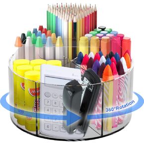 Acrylic Pen Holder 360 Degree Rotating Clear Pencil Organizer with 6 Compartments Art Supply Kids Crayon Marker Spinning Storage Rack for School Home Office in Kuwait