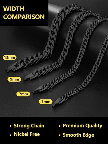 Cuban Chain Bracelet for Men Women, 5mm/7mm/9mm/13mm Width, Black/18K Gold Plated/Stainless Steel Curb Link Chain Bracelets, 7.5"/8.3"/9" Length-Send Gift Box in Saudi Arabia