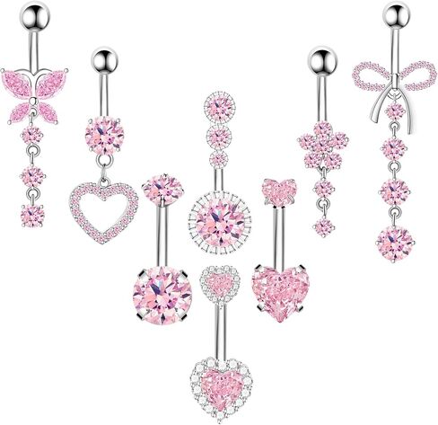 8Pcs Gold Pink Silver Belly Button Ring Dangle Navel Belly Piercing Jewelry Cute CZ Butterfly Heart Flower Bow Navel Belly Rings for Women 14G Hypoallergenic Surgical Stainless Steel Dainty Dangling Dangly Belly Button Piercing Pack in Saudi Arabia