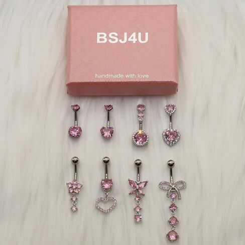 8Pcs Gold Pink Silver Belly Button Ring Dangle Navel Belly Piercing Jewelry Cute CZ Butterfly Heart Flower Bow Navel Belly Rings for Women 14G Hypoallergenic Surgical Stainless Steel Dainty Dangling Dangly Belly Button Piercing Pack in Saudi Arabia