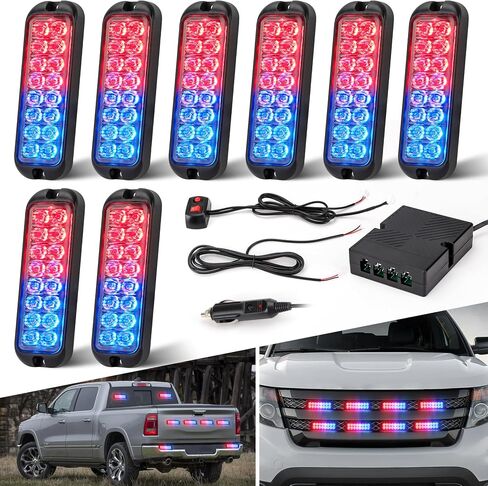 Amber White LED Strobe Lights Kit - 8PCS 16-LED Emergency Flashing Hazard Warning Light 12V Sync Feature Ultra Slim Surface Mount Main Control for Construction Trucks Vehicles Car ATV Waterproof in Saudi Arabia