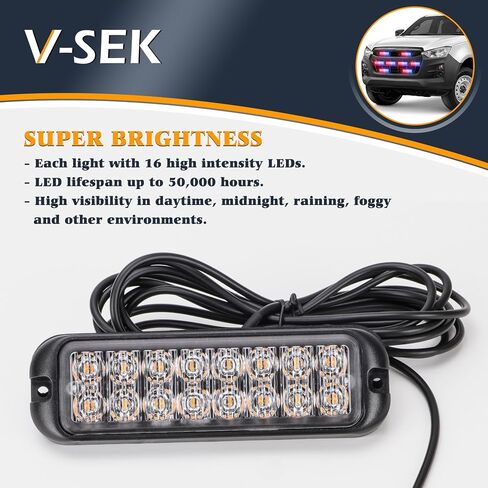Amber White LED Strobe Lights Kit - 8PCS 16-LED Emergency Flashing Hazard Warning Light 12V Sync Feature Ultra Slim Surface Mount Main Control for Construction Trucks Vehicles Car ATV Waterproof in Saudi Arabia