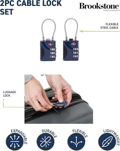 Brookstone Cable Lock - 2 Pack TSA-Approved 3-Digit Keyless Luggage Travel Lock - Resettable Combination Wire Padlock, Silver in Kuwait