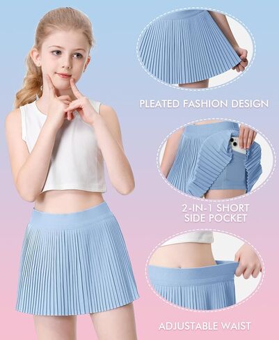 Girls Pleated Athletic Skirts with Shorts 2 in 1 Tennis Skorts with Pocket High Waist Golf Skirt for Youth Kids in Saudi Arabia