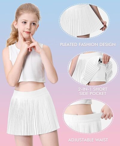 تنانير رياضية مطوية للفتيات مع شورت 2 في 1 تنورة تنس مع جيب تنورة جولف عالية الخصر للأطفال الشباب in Kuwait