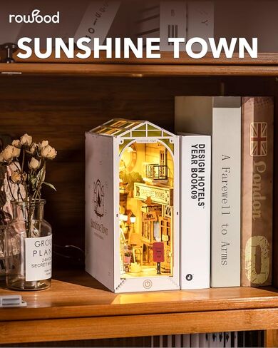 مجموعات زاوية كتاب Rowood للبالغين، رف الكتب، إدراج ديكور زقاق 3D لغز خشبي Bookend DIY Craft Kits للبالغين مع ضوء LED - Sunshine Town in Kuwait