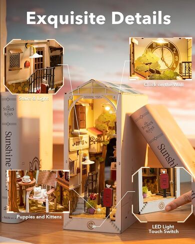 مجموعات زاوية كتاب Rowood للبالغين، رف الكتب، إدراج ديكور زقاق 3D لغز خشبي Bookend DIY Craft Kits للبالغين مع ضوء LED - Sunshine Town in Kuwait