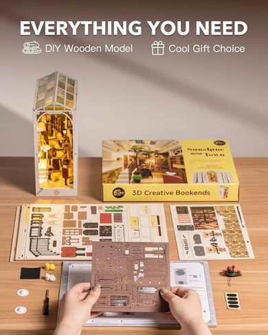 مجموعات زاوية كتاب Rowood للبالغين، رف الكتب، إدراج ديكور زقاق 3D لغز خشبي Bookend DIY Craft Kits للبالغين مع ضوء LED - Sunshine Town in Kuwait