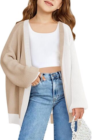 Haloumoning Girls Oversized Batwing Sleeve Cardigan Sweaters Kids Fashion Open Front Color Block Outerwear in Saudi Arabia