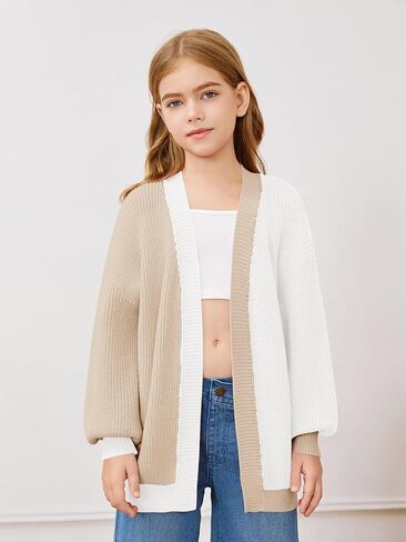 Haloumoning Girls Oversized Batwing Sleeve Cardigan Sweaters Kids Fashion Open Front Color Block Outerwear in Saudi Arabia