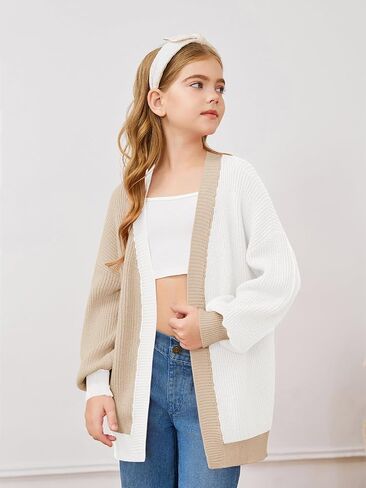 Haloumoning Girls Oversized Batwing Sleeve Cardigan Sweaters Kids Fashion Open Front Color Block Outerwear in Saudi Arabia