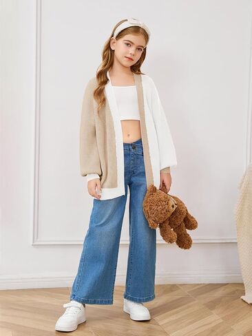 Haloumoning Girls Oversized Batwing Sleeve Cardigan Sweaters Kids Fashion Open Front Color Block Outerwear in Saudi Arabia