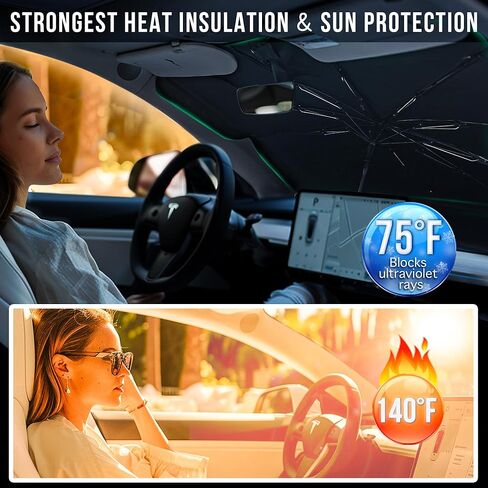 Foldshade Tesla Model Y & Tesla Model 3 مظلة شمسية للزجاج الأمامي، مظلات شمسية قابلة للسحب للنافذة الأمامية تحجب الأشعة فوق البنفسجية وتحافظ على الحرارة وتحمي الجزء الداخلي من سهولة التركيب والتخزين in Kuwait