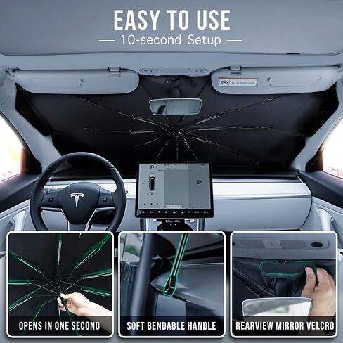 Foldshade Tesla Model Y & Tesla Model 3 مظلة شمسية للزجاج الأمامي، مظلات شمسية قابلة للسحب للنافذة الأمامية تحجب الأشعة فوق البنفسجية وتحافظ على الحرارة وتحمي الجزء الداخلي من سهولة التركيب والتخزين in Kuwait