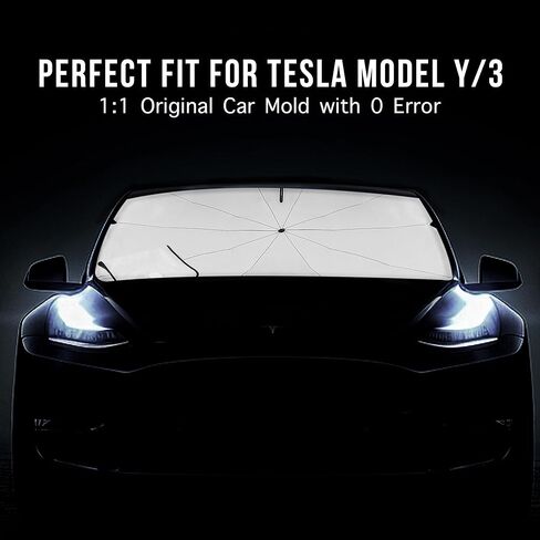 Foldshade Tesla Model Y & Tesla Model 3 مظلة شمسية للزجاج الأمامي، مظلات شمسية قابلة للسحب للنافذة الأمامية تحجب الأشعة فوق البنفسجية وتحافظ على الحرارة وتحمي الجزء الداخلي من سهولة التركيب والتخزين in Kuwait