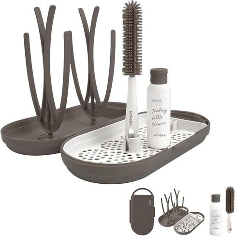 MOTHER-K Travel Baby Bottle Drying Rack with Bottle Brush & Soap Dispenser, Baby Essentials for Travel (Brown) in Kuwait